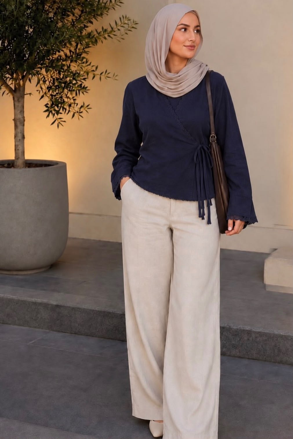 Navy wrap linen blouse with a taupe hijab and cream trousers